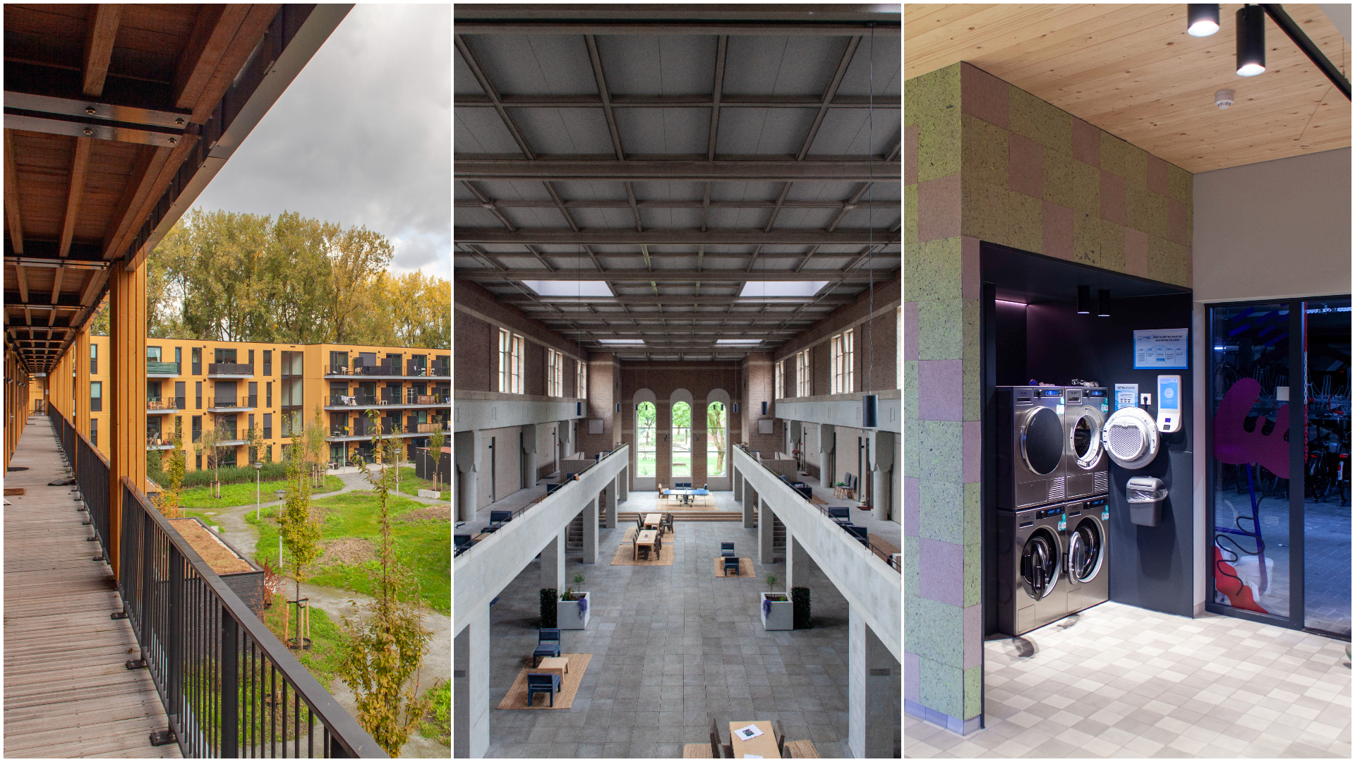 V.l.n.r. binnentuin van Merwijde in Arnhem, woonkamer van Vredeskerk in Tilburg en wasruimte van Bundle in Enschede. Beeld Team Paul de Vroom + Sputnik