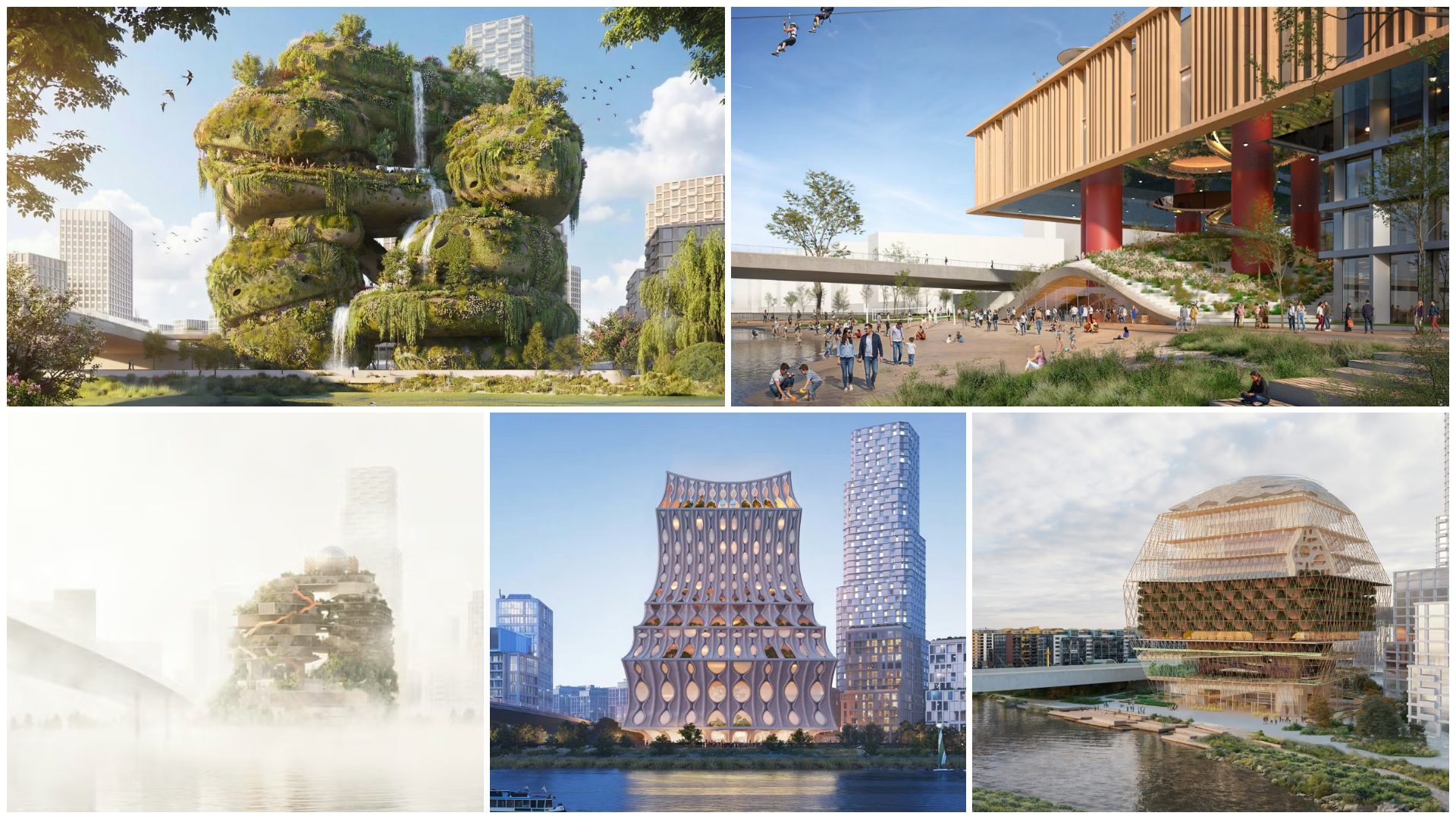 De vijf finalisten voor Shift Landmark in Rotterdam. Beeld de Architect