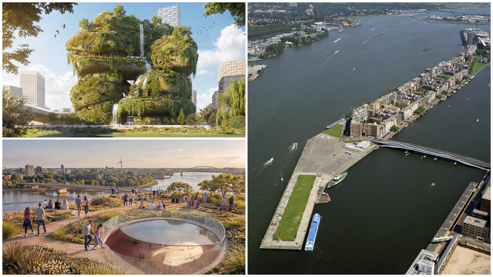 Links Shift Landmark Rotterdam Rocks, beeld MVRDV. Rechts het Java-eiland, de nieuwe locatie voor het Nationaal Slavernijmuseum in Amsterdam. Beeld ANP.