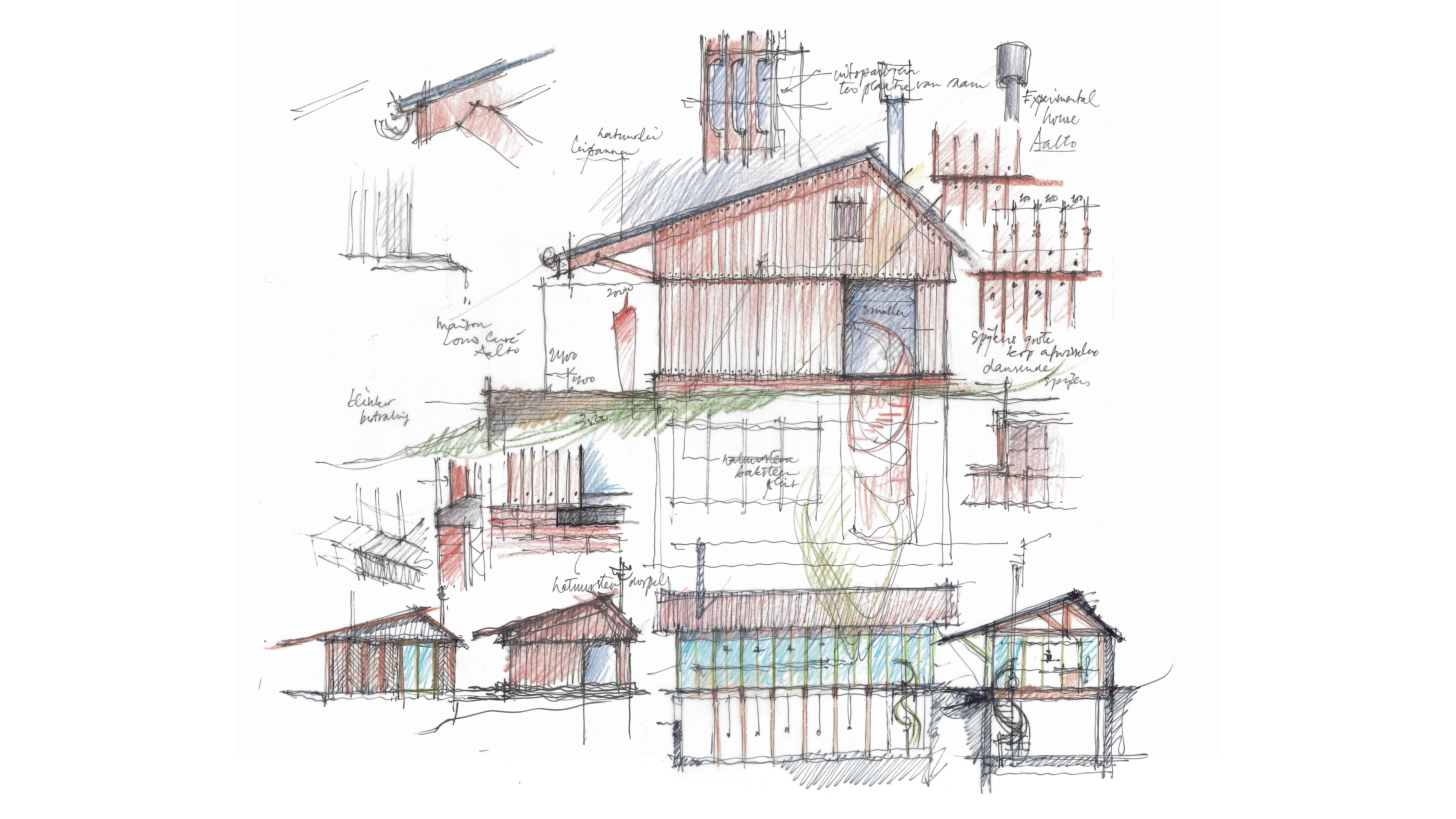 Ontwerpschets voor de transformatie van een monumentale villa uit 1903 in Bussum door Pieter Bedaux