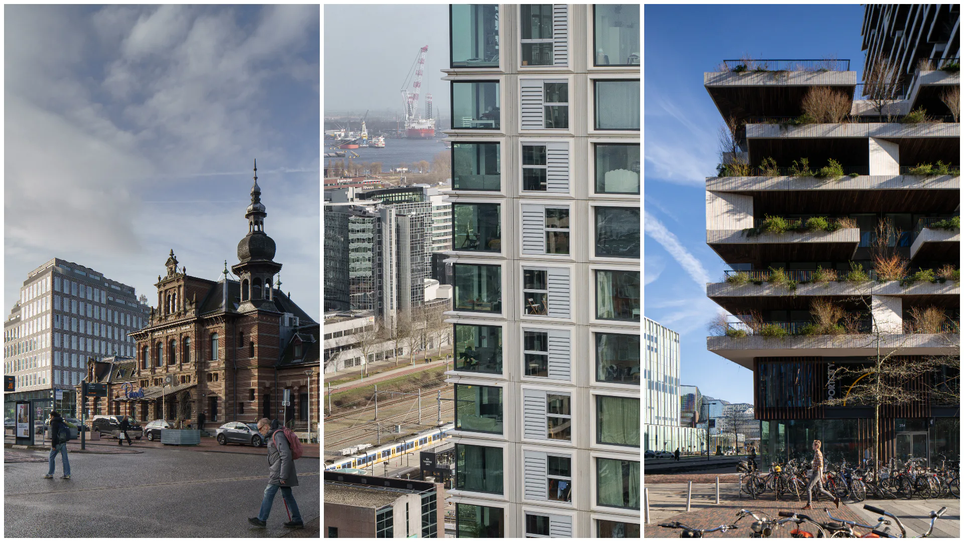 V.l.n.r.: Stationsgebieden Delft, Amsterdam Sloterdijk en Utrecht. Beeld Frank Hanswijk