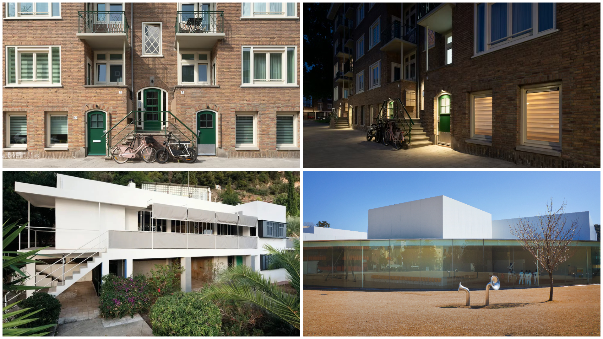 Boven: Portiekflat Akbarstraat, beeld Loes van Duijvendijk. Onder (v.l.n.r.): E-1027 door Eileen Gray. Museum Kanazawa door Kazuyo Sejima