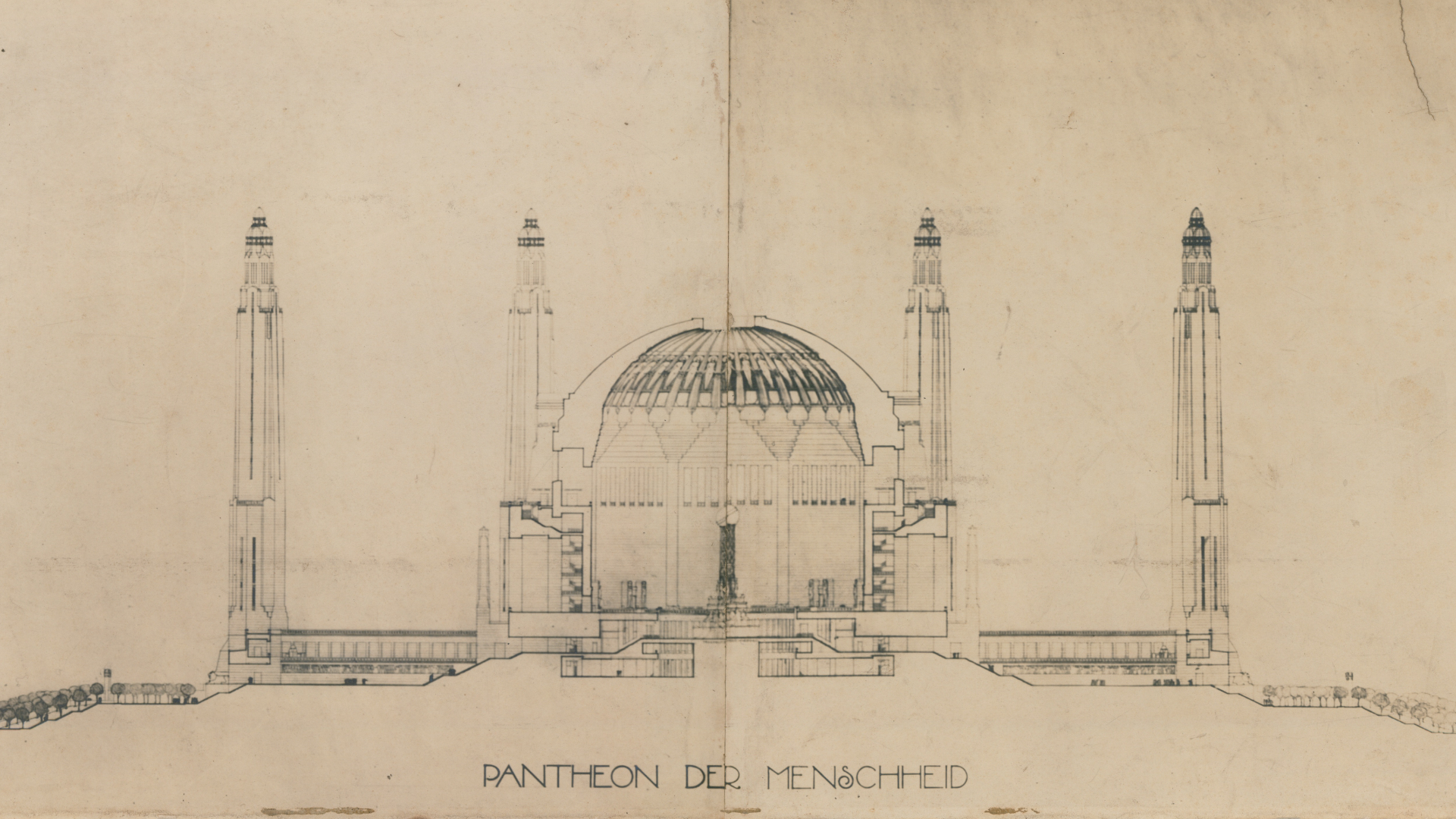 Ontwerp voor Pantheon der Menschheid door H.P. Berlage. Beeld Collectie Nieuwe Instituut / BERL, 154.19