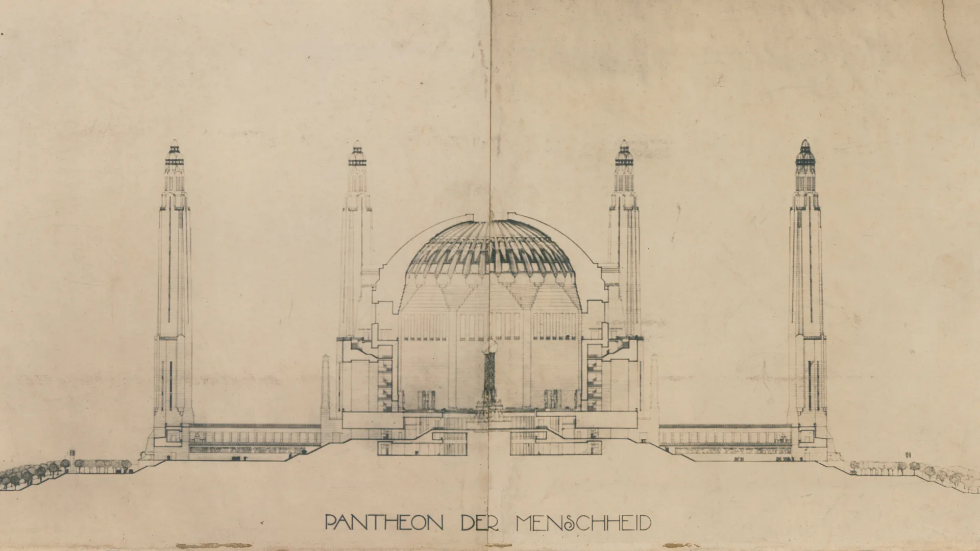 Ontwerp voor Pantheon der Menschheid door H.P. Berlage. Beeld Collectie Nieuwe Instituut / BERL, 154.19
