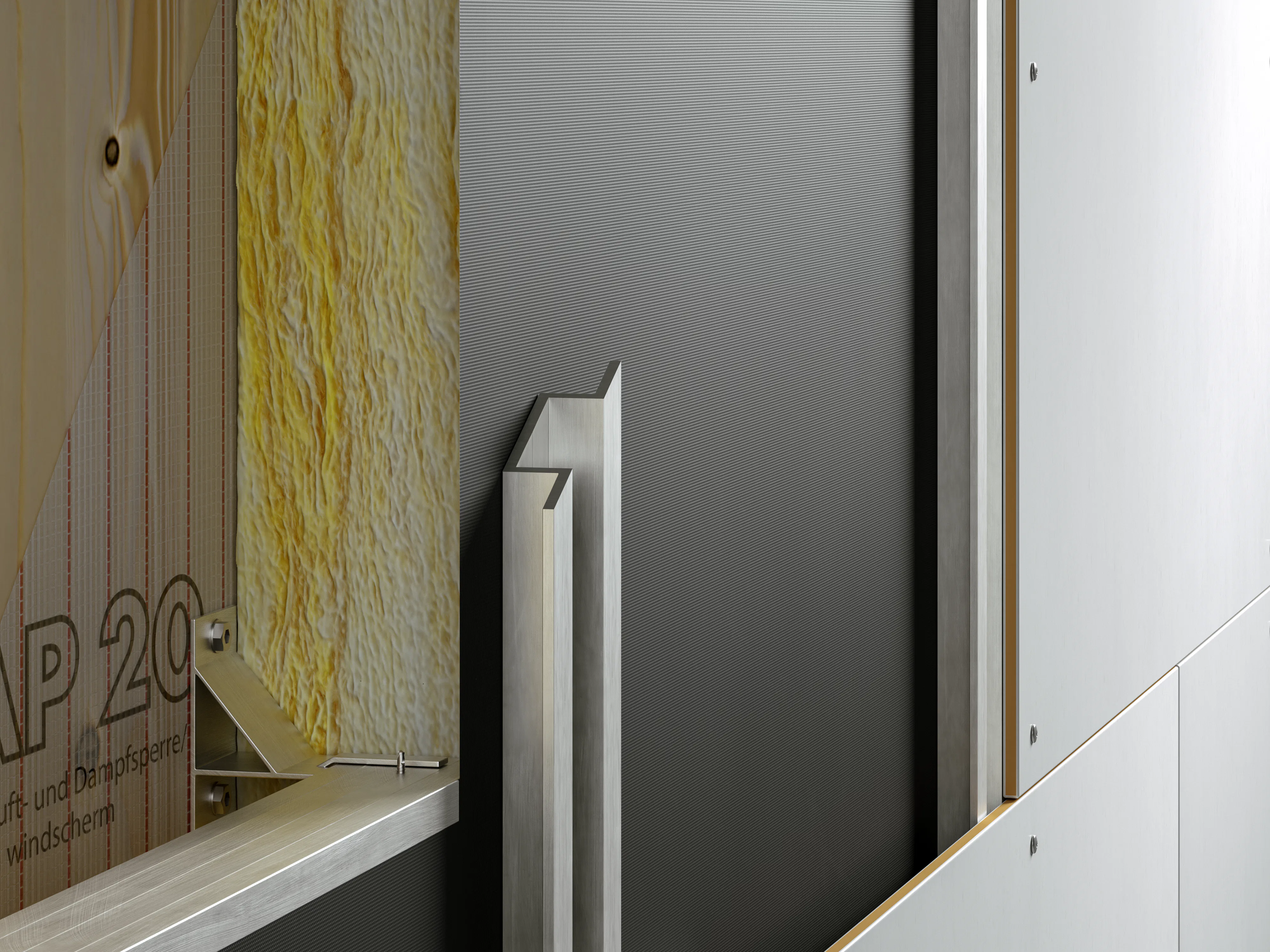 Delta-Fassade Fireprotect A2 geïntegreerd in een gevelopbouw voor open gevelbekleding.