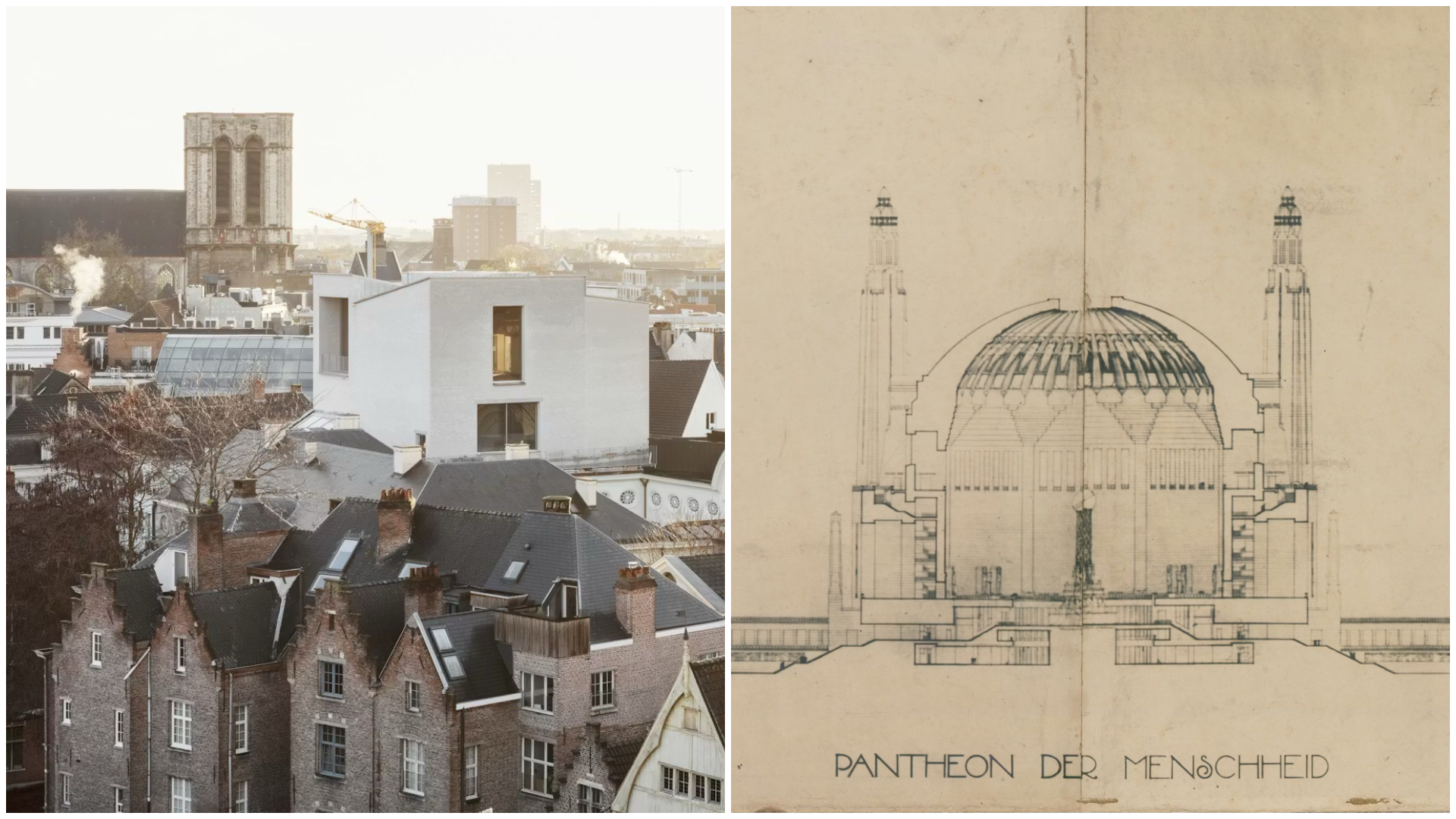 Links: Design Museum Gent. Beeld Johan Dehlin. Rechts: Ontwerp voor Pantheon der Menschheid door H.P. Berlage. Beeld Collectie Nieuwe Instituut / BERL, 154.19