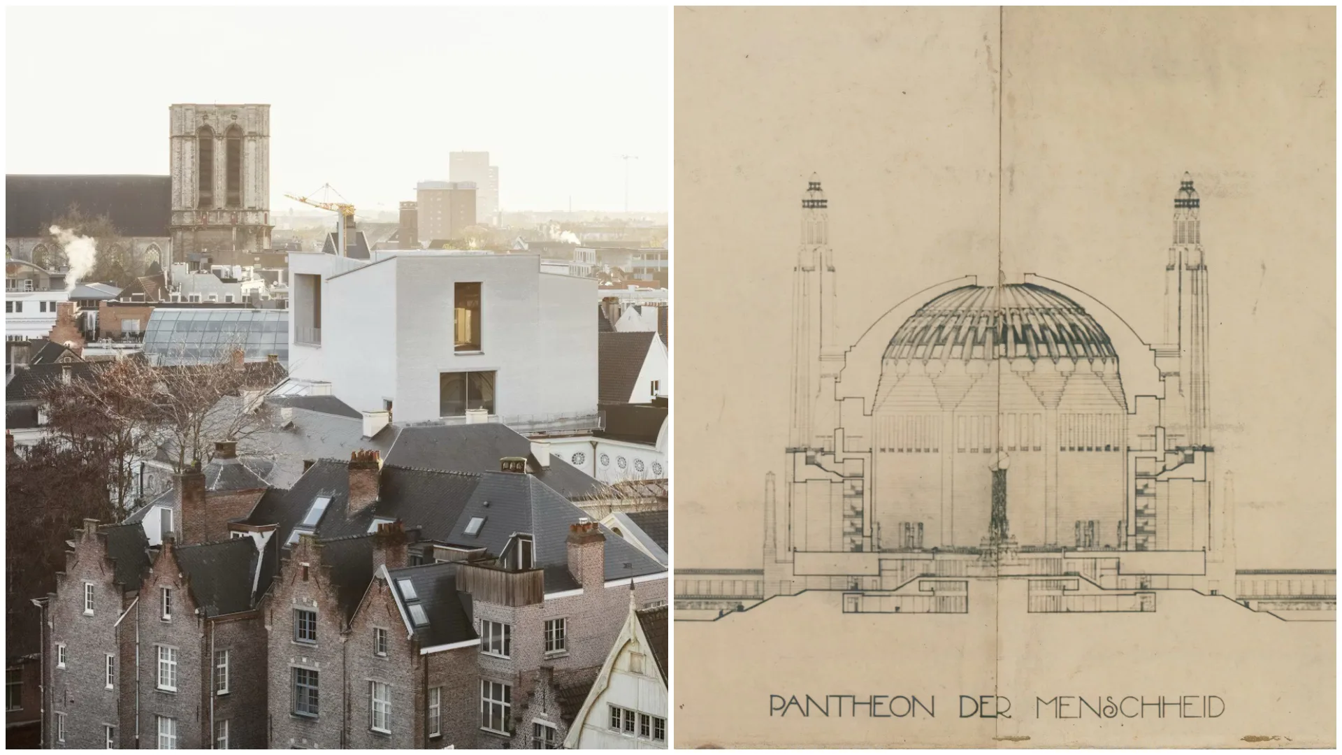 Links: Design Museum Gent. Beeld Johan Dehlin. Rechts: Ontwerp voor Pantheon der Menschheid door H.P. Berlage. Beeld Collectie Nieuwe Instituut / BERL, 154.19