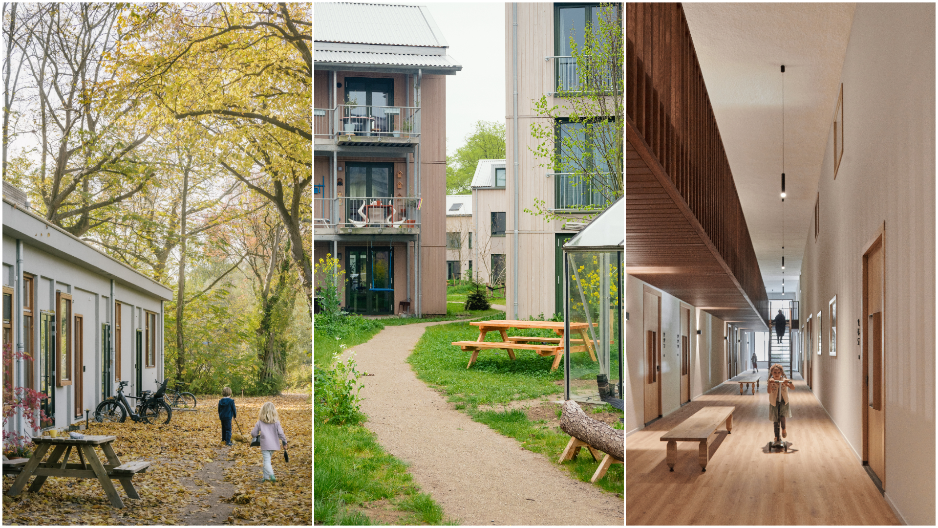 V.l.n.r. De Enclave in Zaandam door KRFT, beeld Stijn Bollaert. Meer&Deel in Eindhoven door Werkstatt, beeld Bram Berkien. De Cornelis in Amsterdam door Faro Architecten en Van Bergen Architectura, beeld Max Hart Nibbrig.