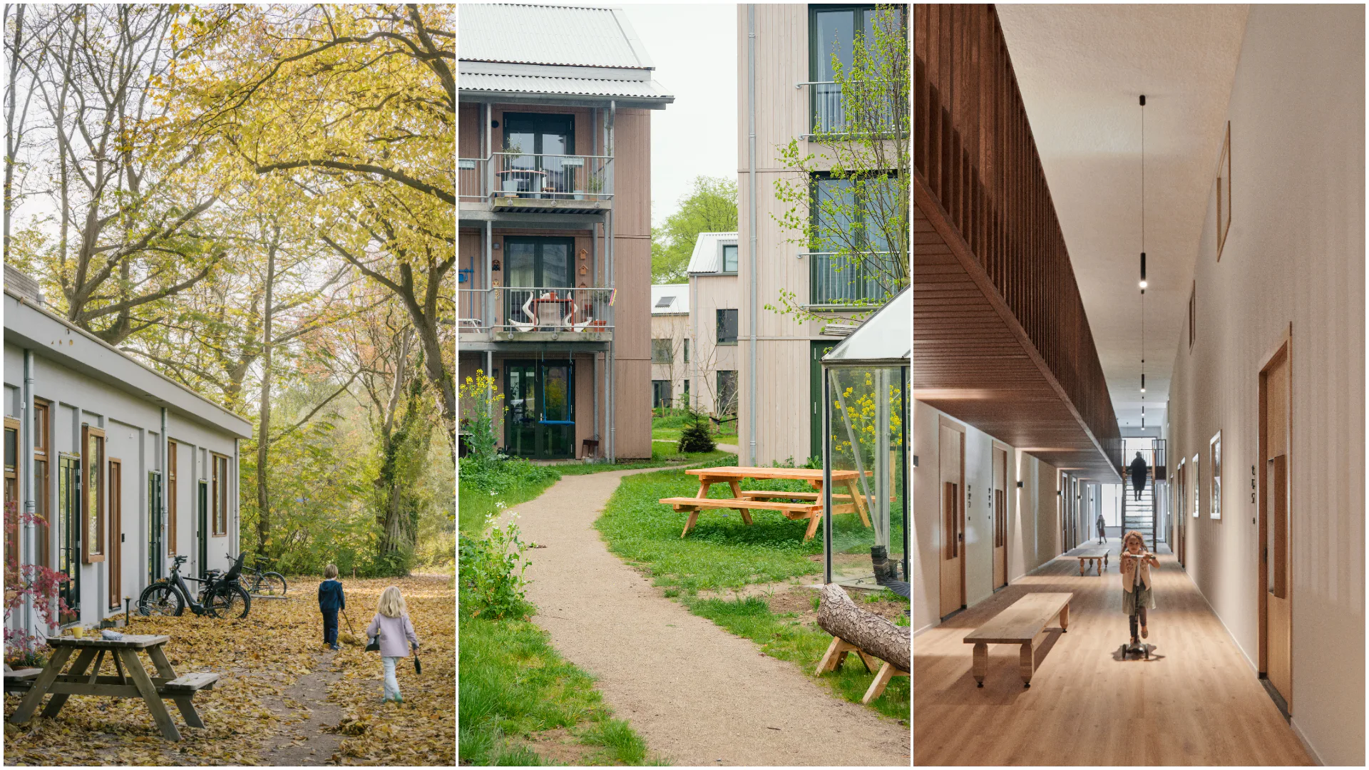 V.l.n.r. De Enclave in Zaandam door KRFT, beeld Stijn Bollaert. Meer&Deel in Eindhoven door Werkstatt, beeld Bram Berkien. De Cornelis in Amsterdam door Faro Architecten en Van Bergen Architectura, beeld Max Hart Nibbrig.