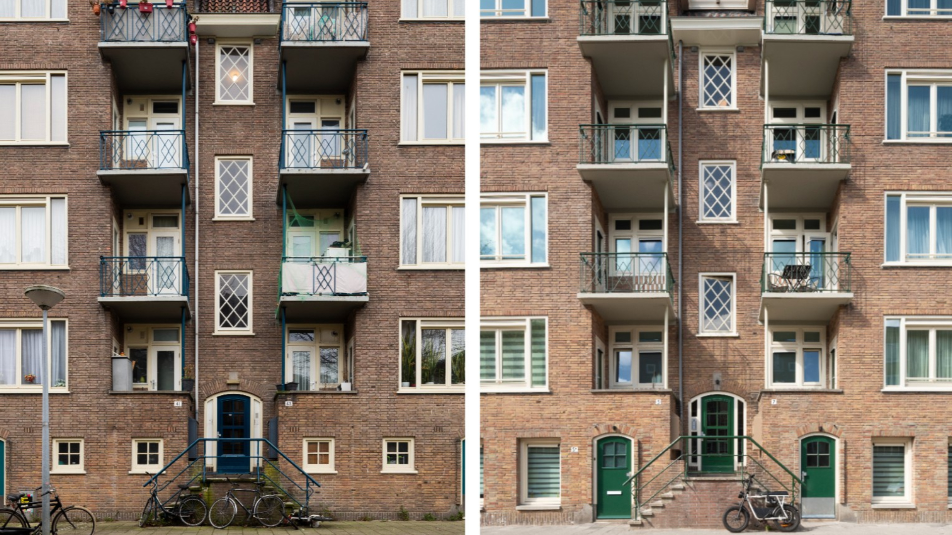 Portiekwoningen in Amsterdam-West, voor (links) en na (rechts) de transformatie voor BureauVanEig. Beeld Loes van Duijvendijk
