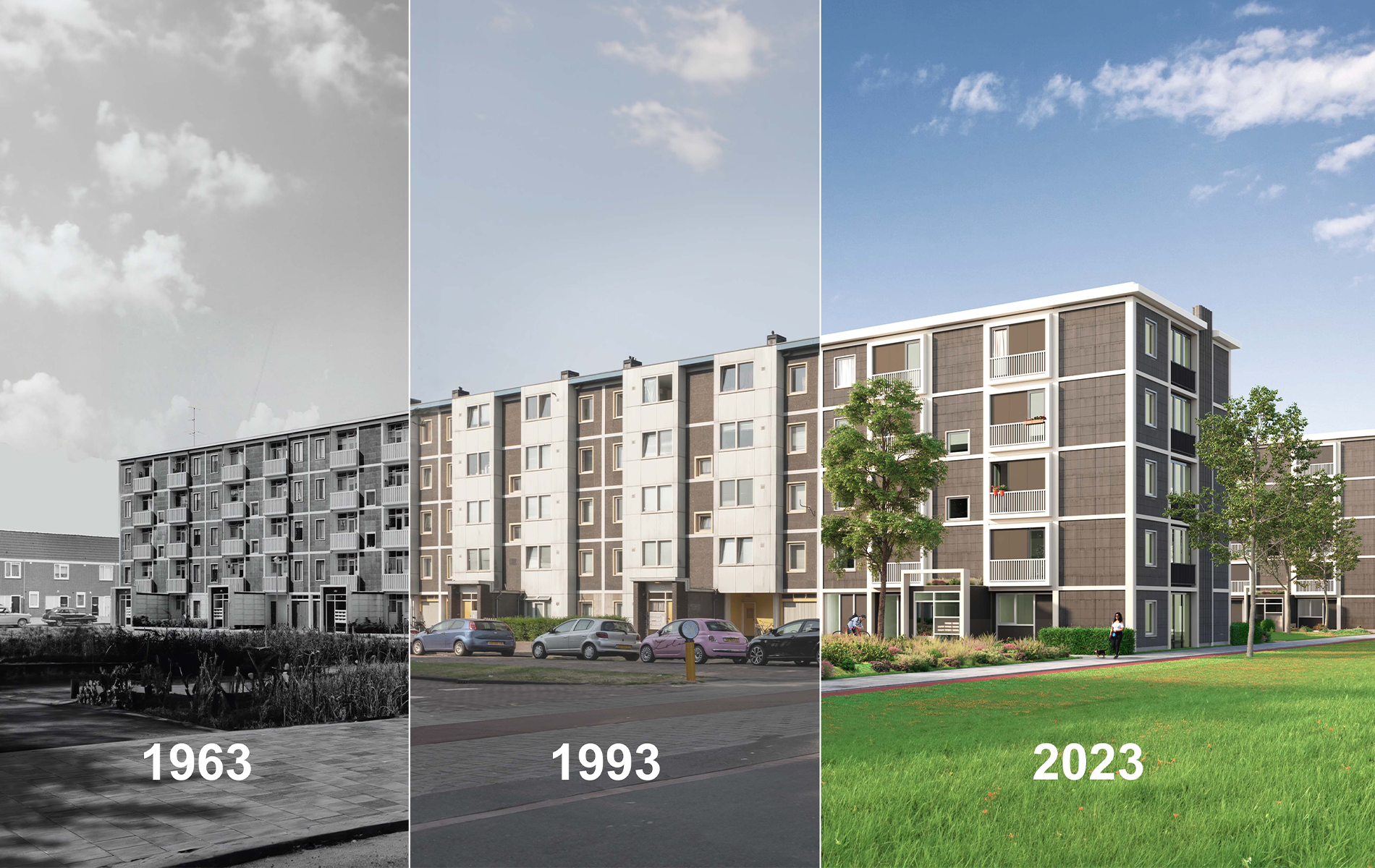 De Punt collage 1963, 1993, 2023. Beeld stadsarchief Amsterdam (l), Temp.architecture.urbanism