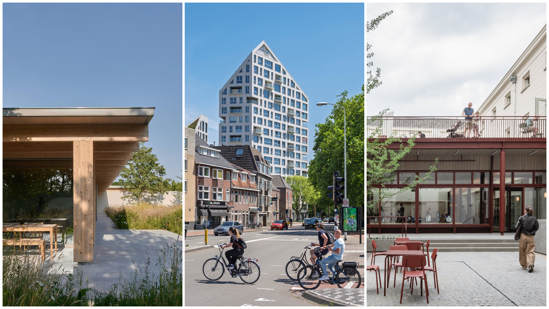 vlnr. Boskavel Leijvennen door Pieter Bedaux. Beeld Max Hart Nibbrig. Nieuw Bergen door MVRDV. Beeld Ossip van Duivenbode. Huis73 door KSA. Beeld Maurice Tjon a Tham