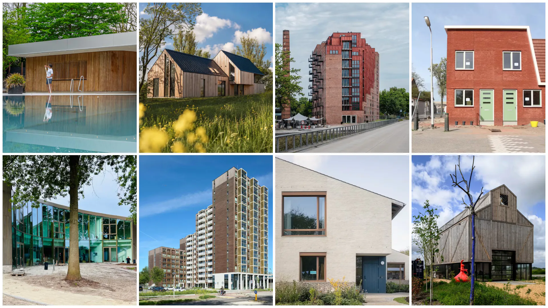 vlnr. Zwembadgebouw Eurowoningen, Huis in de bossingel, De Weverij, Bomenbuurt, IKC 's Gravenmoer, Timbr, Kinderpsychiatrisch Centrum Pelt, Werkplaats Spacecowboys