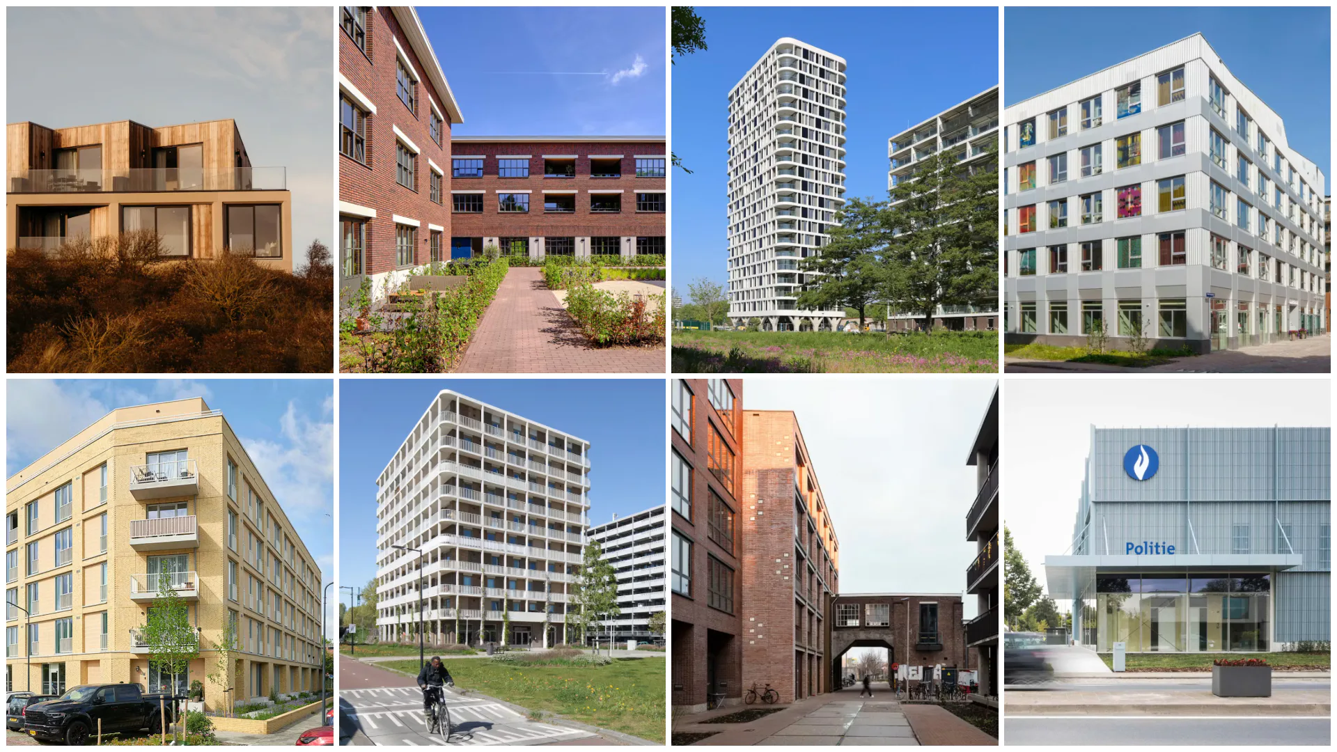 vlnr. Elements, Hoornwerk, Berninitoren, Liesbeth List Huis, Sumatrahof, Nieuw Echtenstein, Wisselspoor 9, Politiezone Polder