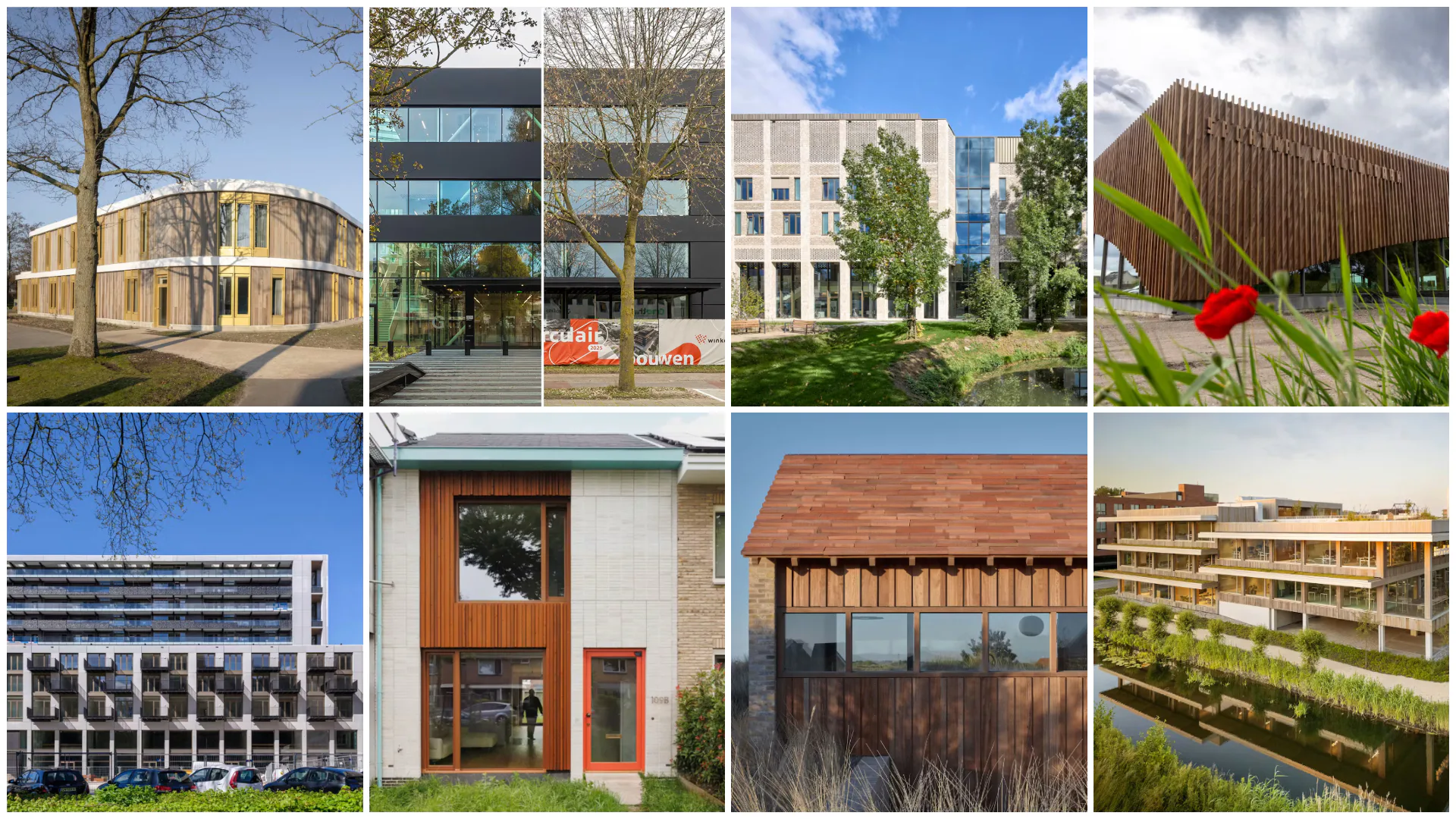 vlnr. Ipse de bruggen, Techbank, Algemeen Ziekenhuis Diest, Sporthal Lincolnpark, The View of Rotterdam, Villa Rollada, Huis op een duin, Fundis Huis