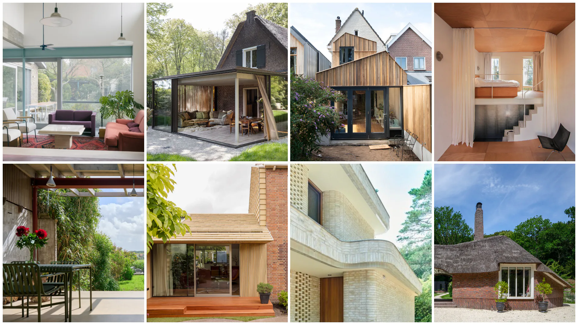 v.l.n.r. DT House, Boerderij Utrechtse heuvelrug, Verbetering woonhuis Karin en Gilles, Experimental Atelier, Stoombootweg, Verduurzaming door uitbouw transformeert woonhuis, Curved Embraced, 't Reigersnest - Naar een werkend landgoed