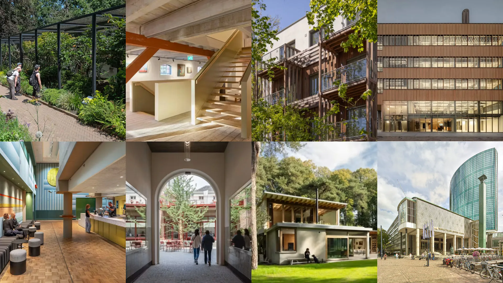 met de klok mee: Artis, De Hes, Drive, Ferro Offices, WTC Rotterdam, Villa Wolff, Huis 73, foyers Grote Zaal Tivoli Vredenburg
