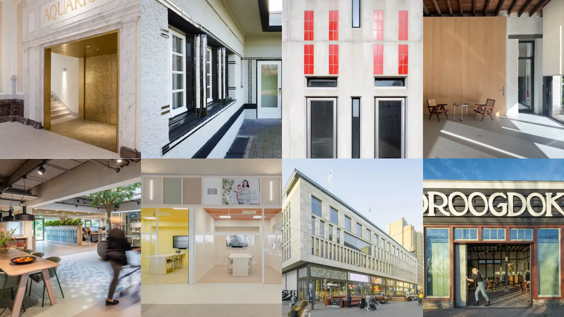 met de klok mee: Artis Aquarium, De Lange Akker, De Tafelberg, HSM, Veerhuis, Universiteitscampus Spui, Torfs, Huis van de Huurder