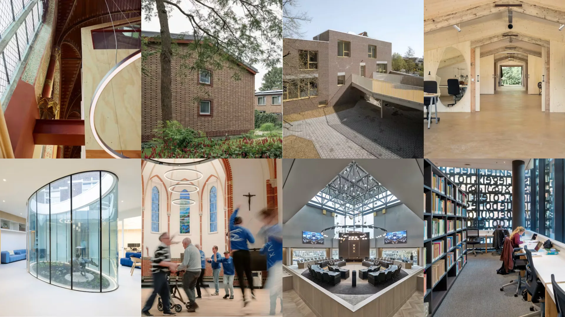 met de klok mee: Kapel Bleydenberg, Dalveen, De Klimpaal, Fashion Farm, Universiteitsbibliotheek UvA, Raadszaal Amsterdam, Kapel Landpark Assisië, Huis van Visser