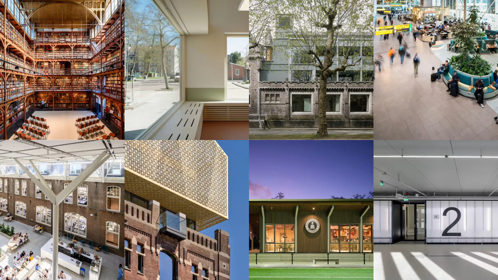 met de klok mee: Cansiushof, De Deyssel, De Kazerne, Lounge 1 Schiphol, Wega.punt, Steeds Hooger, Nederlands Fotomuseum Pakhuis Santos, Mijnbouwstraat 120