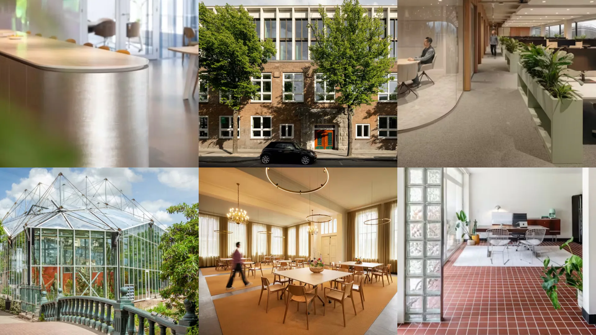 met de klok mee: AIHR, De Telefoondienst, Greenflux, Woning FC, Raadhuis Udenhout, Klimatenkas Hortus Botanicus