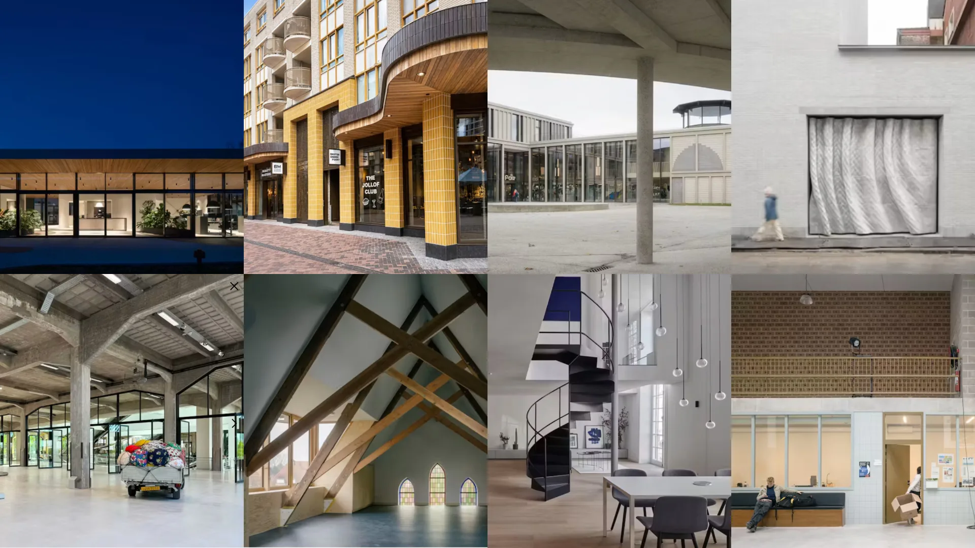 met de klok mee: Aluned, Cluster 6, De Faar, Design Museum Gent, RITCS, Loftwoning, Kanegem buurthuis, Fenix