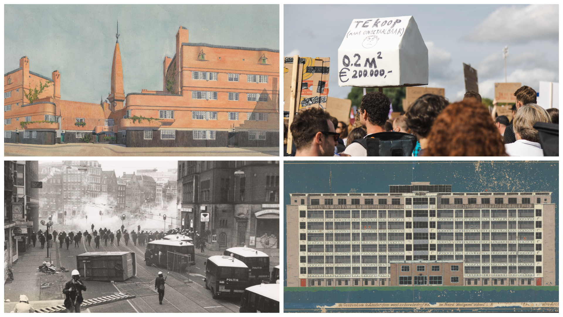 Met de klok mee: Hembrugstraat, ontwerp Michel de Klerk. Collectie Nieuwe Instituut, Woonprotest 2021. Beeld Nick van Bree/Shutterstock, Oranjehof, ontwerp Koog Pot Keegstra. Collectie Nieuwe Instituut, Ontruiming kraakpand 1980. Collectie Stadsarchief Amsterdam