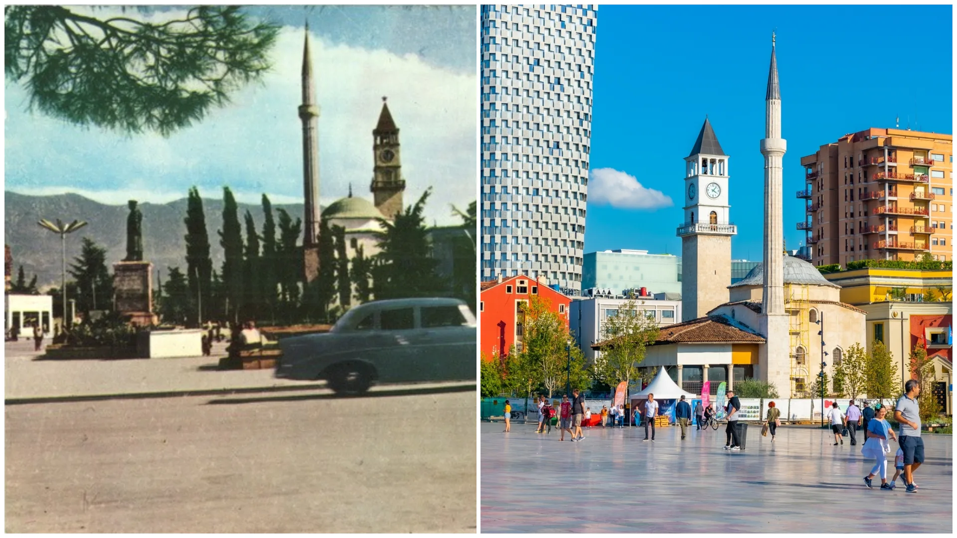 Links Skandergergplein in de jaren vijftig, beeld Albanese Paviljoen in Venetië in 2025. Rechts Skanderberg plein anno nu, beeld Shutterstock