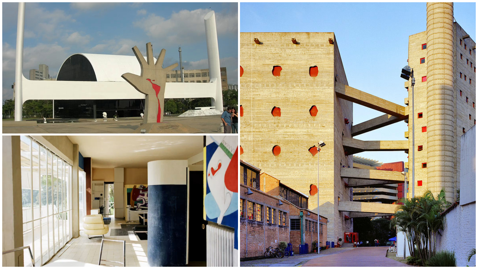 vlnr. Memorial da America Latina door Oscar Niemeyer, SESC Popeia door Lina Bo Bardi en E-1027 door Eileen Gray. Beeld Mary Gaudin 